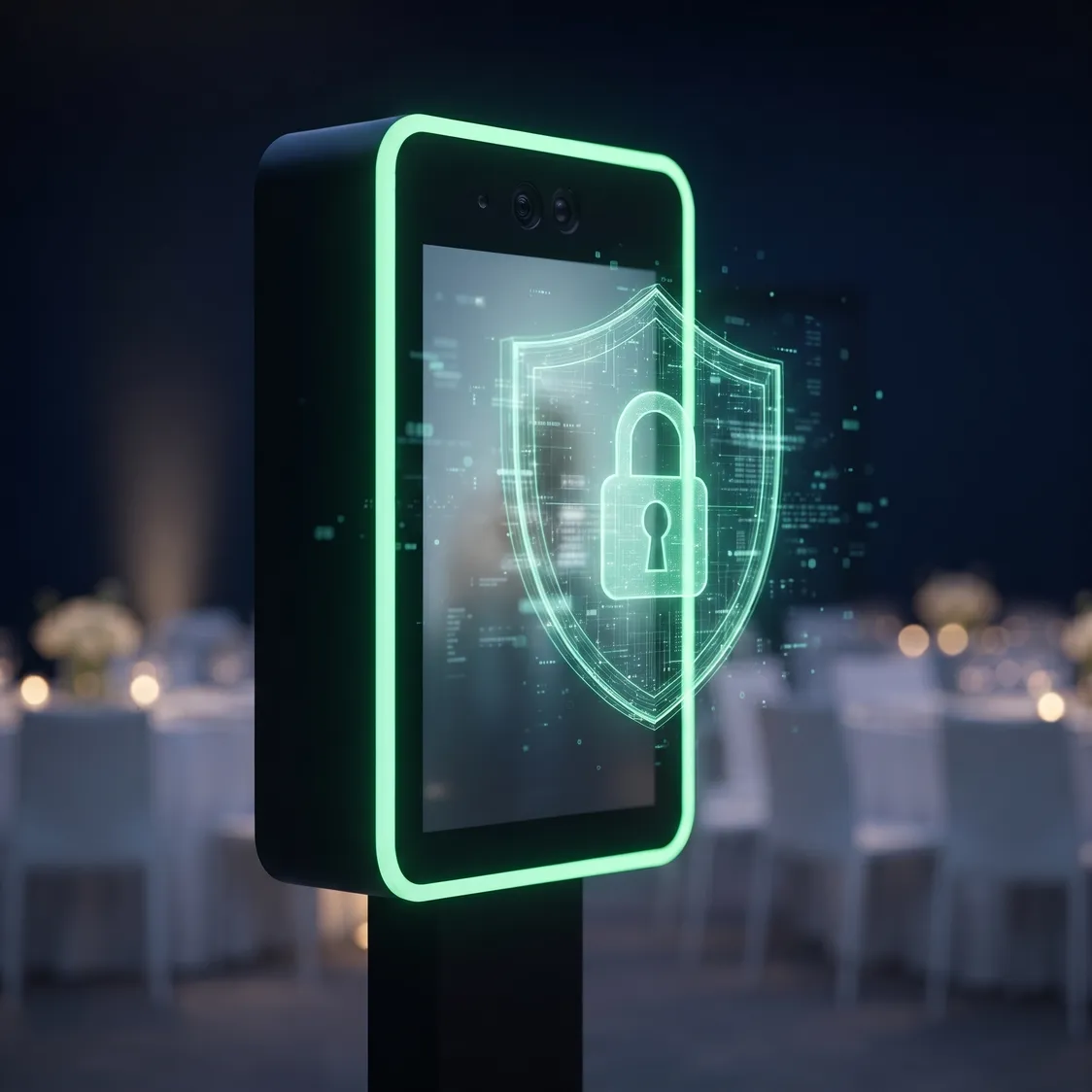 A green-lit photo booth kiosk with a glowing holographic shield and padlock hovering over its screen at a dark event venue.