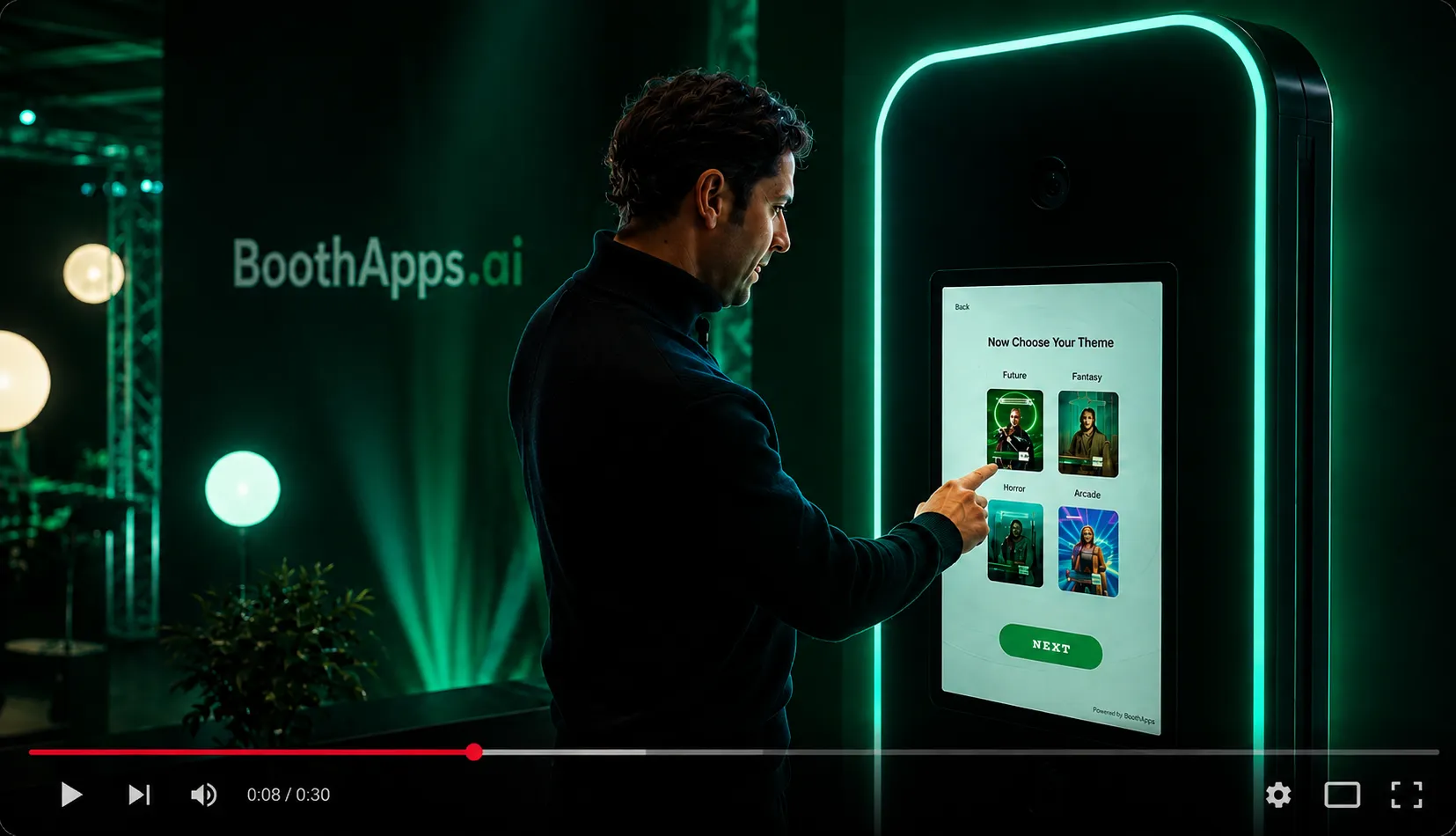 A man picking a theme on a photo booth touchscreen — Future, Fantasy, Horror and Arcade options visible.