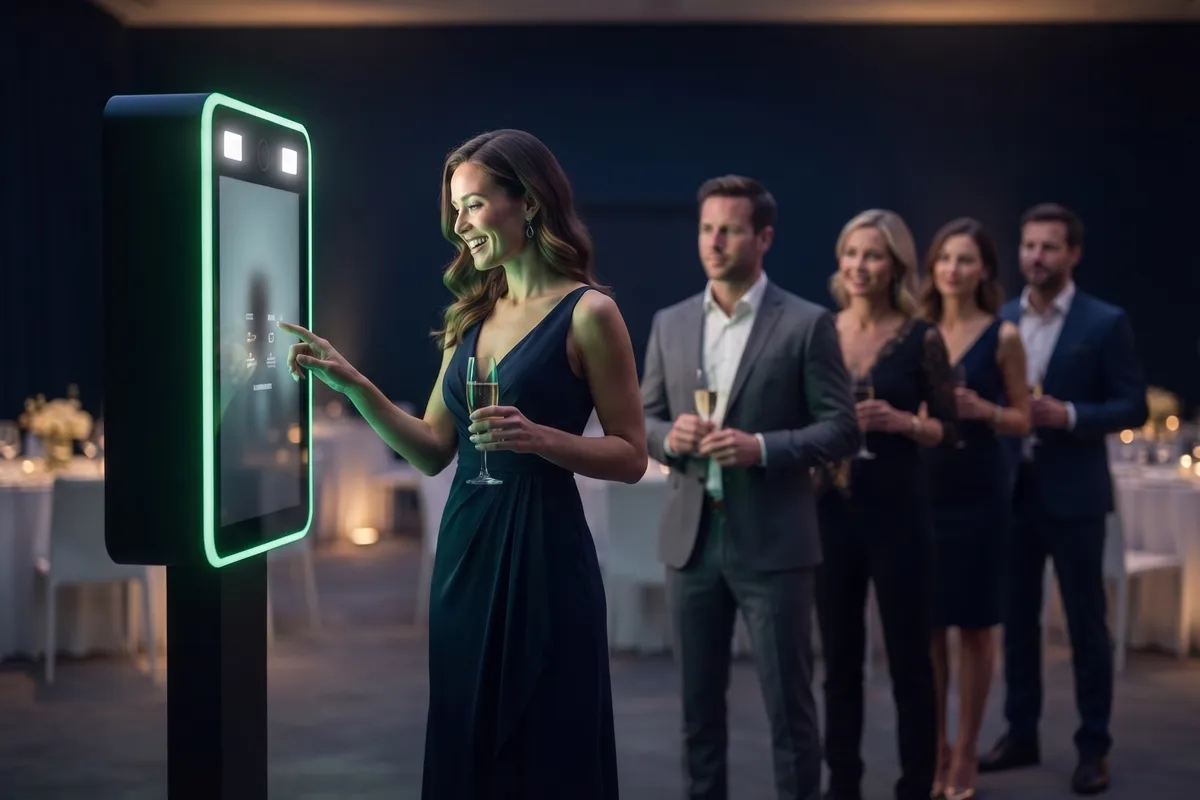 A guest in an evening dress using a green-lit photo booth while a line of well-dressed guests with drinks waits behind her.