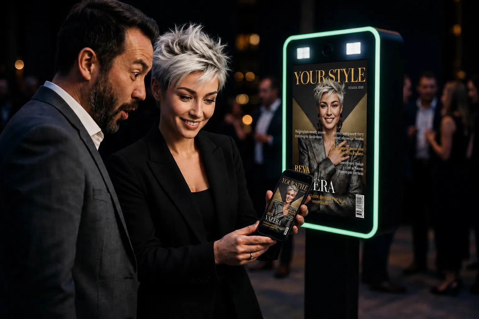 Two event guests amazed by an AI-generated magazine cover on a phone, with the photo booth behind them showing the same cover