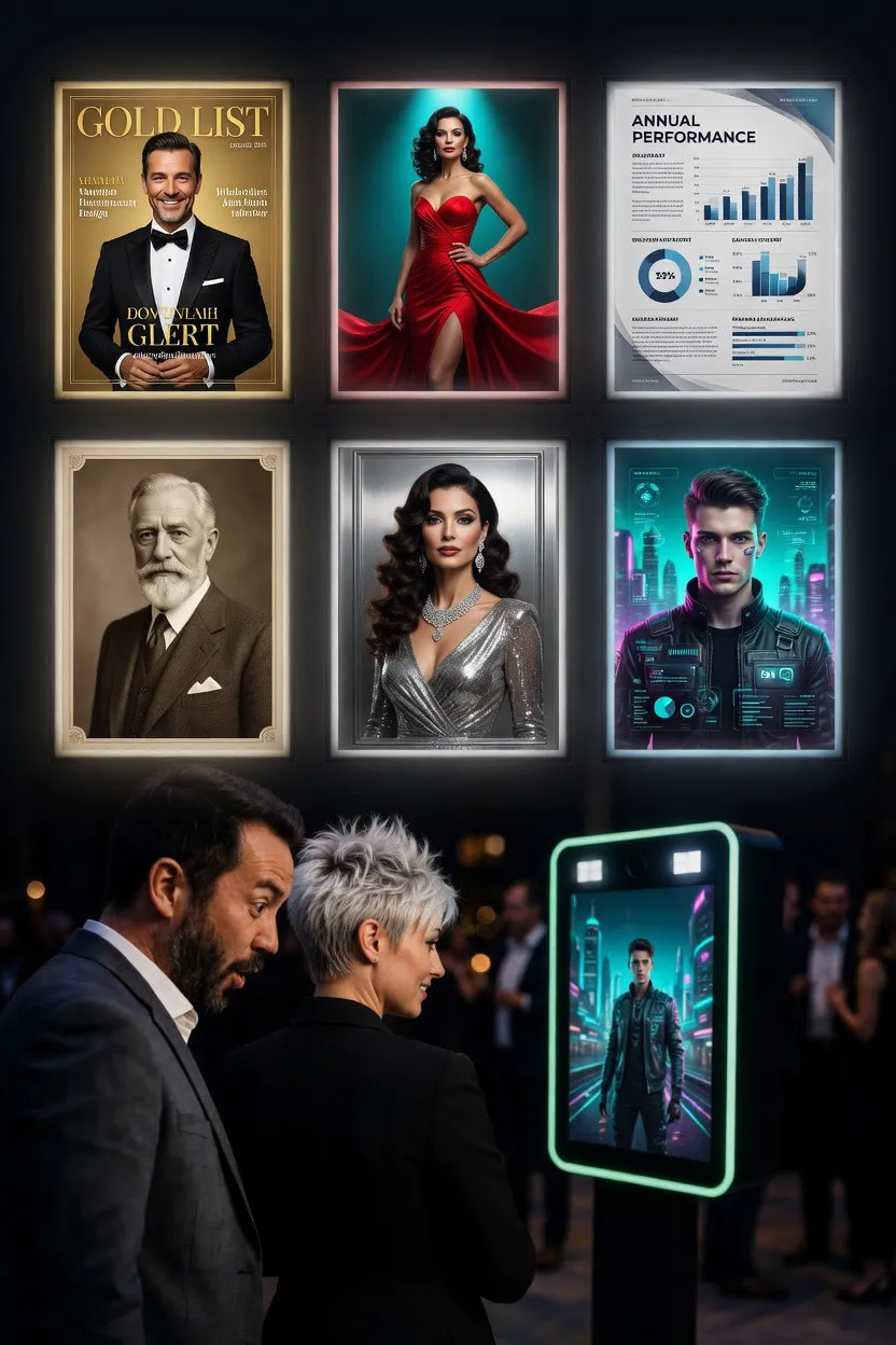 Guests in evening wear at a photo booth kiosk in front of a wall of varied AI outputs in neon frames: magazine covers, portraits and a printed report.