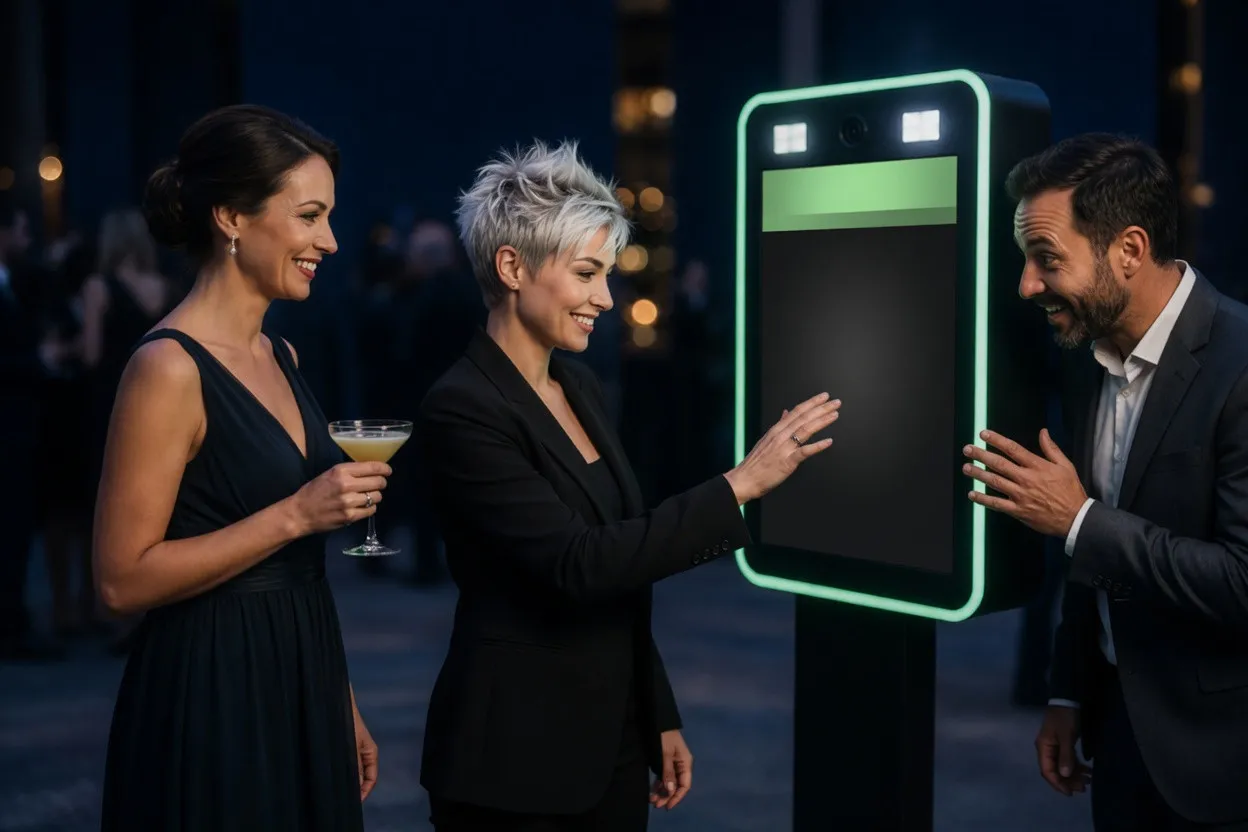 Three friends in evening wear gathered around a green-lit photo booth, one touching the screen while a man peeks around its edge with a grin.