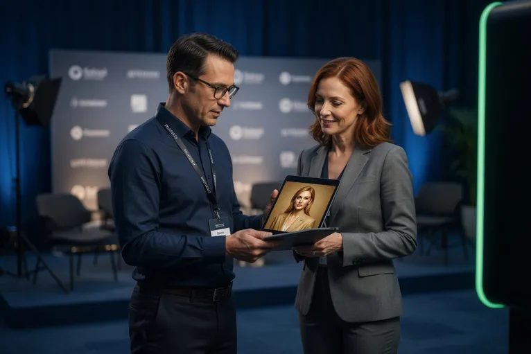 An event producer showing a client an AI portrait on a tablet in a corporate event space mid-setup.