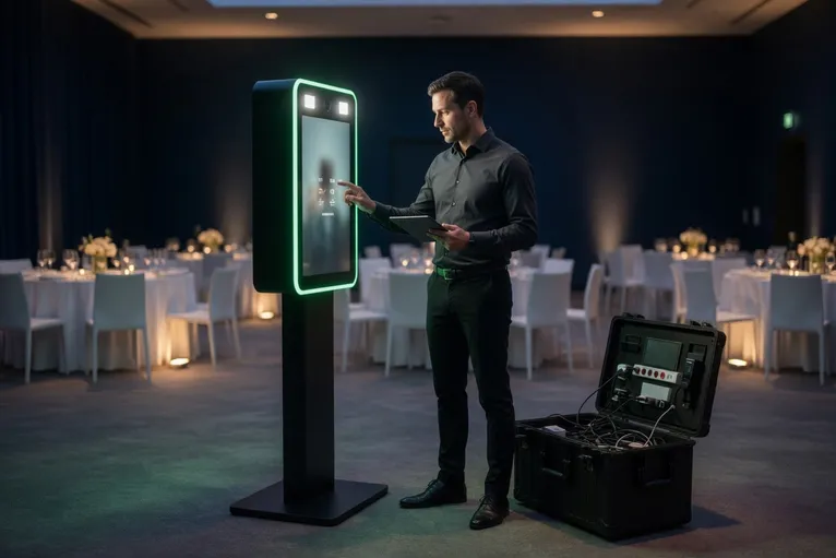 A photo booth operator with a tablet and an open flight case setting up a green-lit booth in an empty event room.
