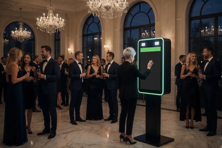 Guests at an elegant ballroom reception, one using a green-lit photo booth beneath chandeliers.